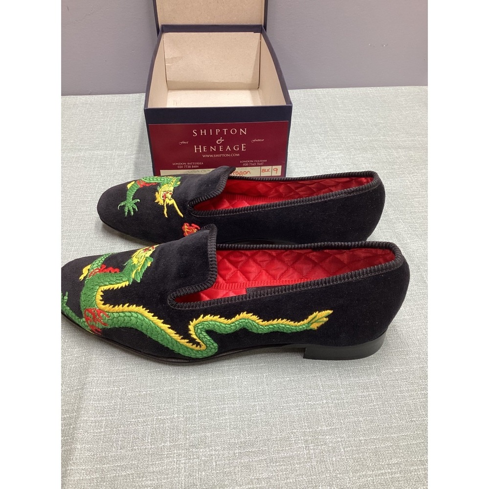 Vintage Shipton & Heneage Dragon Velvet Smoking Slipper Men 9 Embroidered Loafer